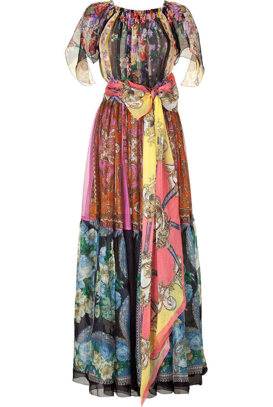 Multicolor Silk Chiffon Gown - neckline: off the shoulder; sleeve style: angel/waterfall; fit: fitted at waist; style: maxi dress; pattern: print, patterned/print; waist detail: belted waist/tie at waist/drawstring; occasions: casual, occasion; length: floor length; fibres: silk - 100%; material texture: chiffon; predominant colour: multicoloured; trends: prints; sleeve length: short sleeve; texture group: sheer fabrics/chiffon/organza etc.; pattern type: fabric; pattern size: standard