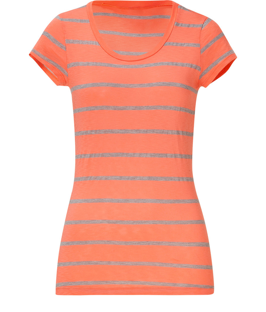 Sunset And Nutmeg Striped Cap Sleeve Top - pattern: horizontal stripes; waist detail: fitted waist; style: t-shirt; hip detail: fitted at hip; predominant colour: coral; occasions: casual; length: standard; fibres: cotton - mix; material texture: jersey; fit: body skimming; neckline: crew; trends: prints, brights; sleeve length: short sleeve; sleeve style: standard; pattern type: fabric; pattern size: standard; texture group: jersey - stretchy/drapey