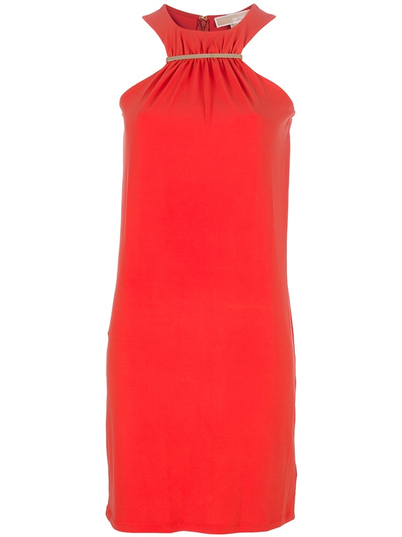 Sleeveless Dress - style: shift; length: mid thigh; pattern: plain; sleeve style: sleeveless; bust detail: ruching/gathering/draping/layers/pintuck pleats at bust; predominant colour: true red; occasions: evening, occasion; fit: body skimming; fibres: polyester/polyamide - stretch; material texture: metallic; neckline: crew; trends: brights; sleeve length: sleeveless; pattern type: fabric; pattern size: standard
