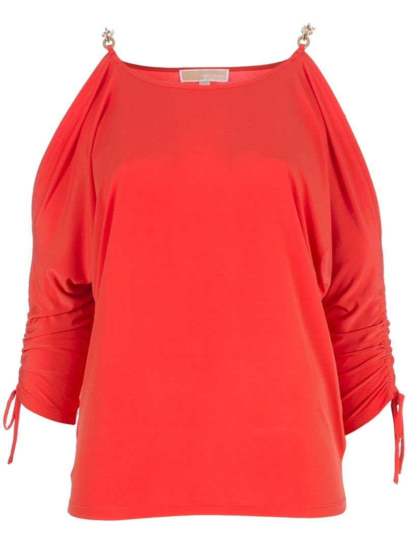 Open Shoulder Top - pattern: plain; hip detail: fitted at hip; predominant colour: bright orange; occasions: casual, evening; length: standard; style: top; neckline: scoop; fibres: polyester/polyamide - stretch; material texture: jersey; fit: body skimming; shoulder detail: added shoulder detail, cut out shoulder; trends: brights; sleeve style: standard; pattern type: fabric; pattern size: standard; texture group: jersey - stretchy/drapey