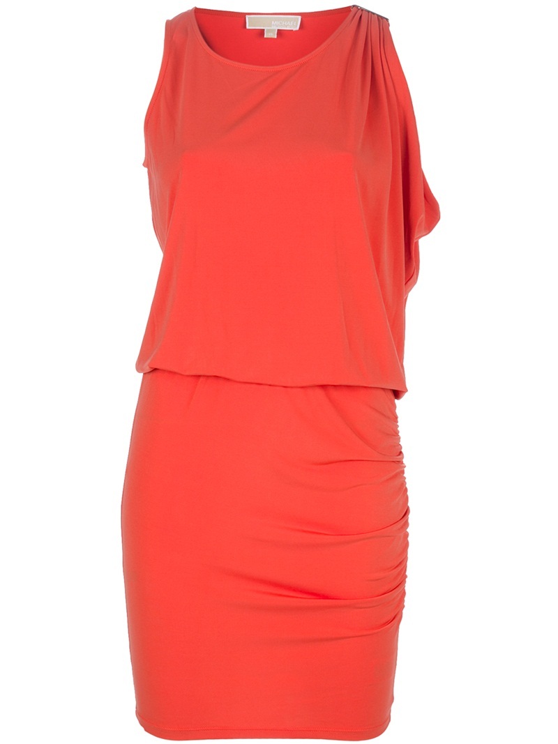 Sleeveless Dress - neckline: round neck; pattern: plain; style: blouson; sleeve style: asymmetric sleeve; waist detail: fitted waist; predominant colour: bright orange; occasions: evening; length: just above the knee; fit: body skimming; fibres: polyester/polyamide - stretch; material texture: satin; trends: brights; texture group: structured shiny - satin/tafetta/silk etc.; pattern type: fabric; pattern size: standard