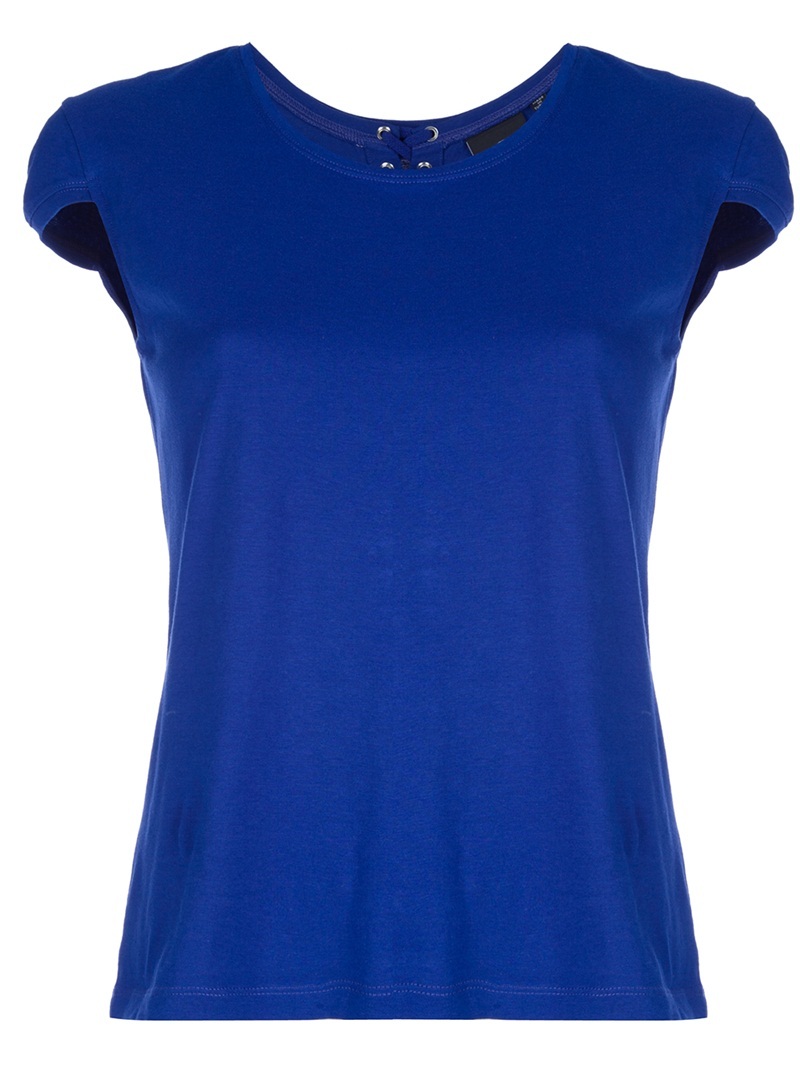 Lace Up Top - neckline: round neck; sleeve style: capped; pattern: plain; style: t-shirt; back detail: tie detail at back, embellishment at back; hip detail: fitted at hip, fitted hem at hip; predominant colour: royal blue; occasions: casual, evening, work; length: standard; fibres: cotton - 100%; material texture: jersey; fit: body skimming; trends: aquatic, brights; sleeve length: short sleeve; pattern type: fabric; pattern size: standard; texture group: jersey - stretchy/drapey