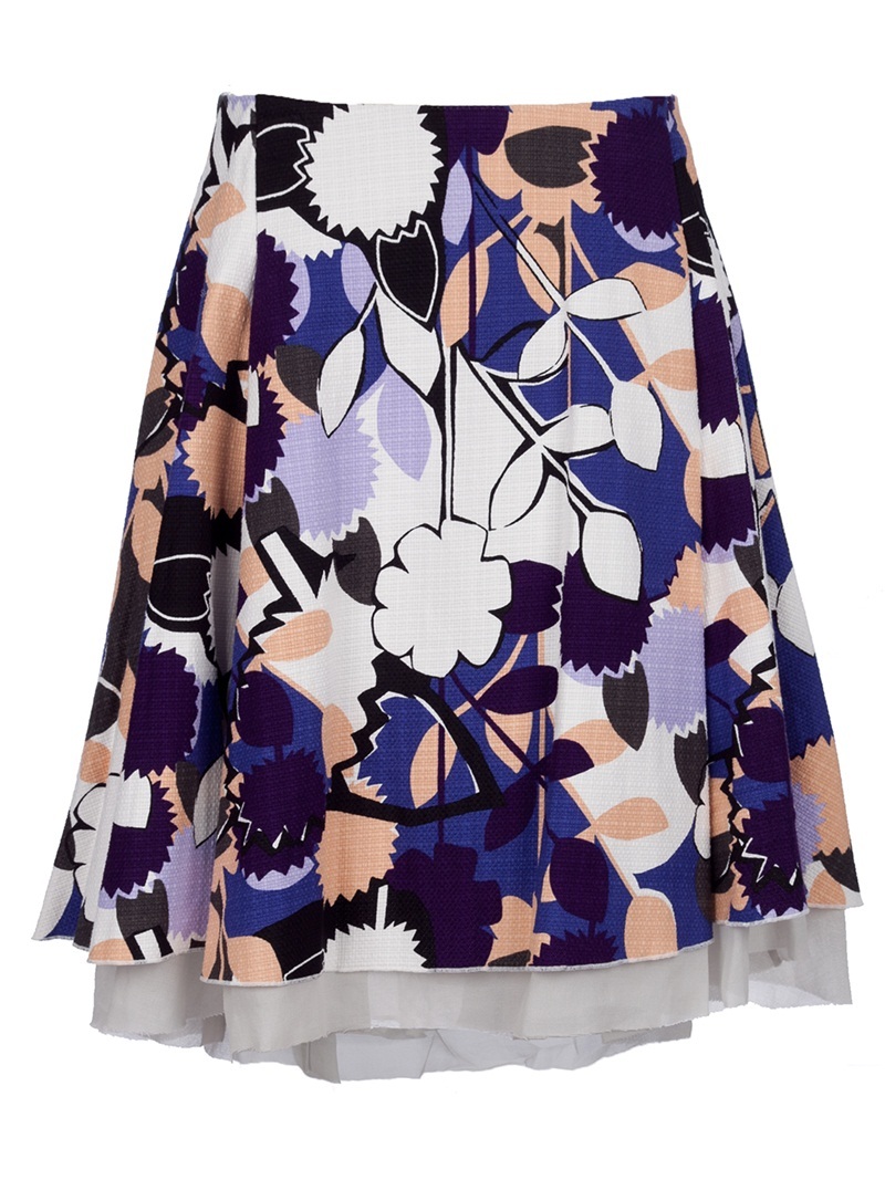 Floral Full Skirt - pattern: floral - busy, print, florals, patterned/print; style: full/prom skirt; fit: body skimming; waist detail: fitted waist; waist: high rise; occasions: casual, work, occasion; length: on the knee; fibres: silk - 100%; material texture: satin; hip detail: structured pleats at hip, soft pleats at hip/draping at hip/flared at hip; predominant colour: multicoloured; trends: prints; texture group: structured shiny - satin/tafetta/silk etc.; pattern type: fabric; pattern size: small & busy