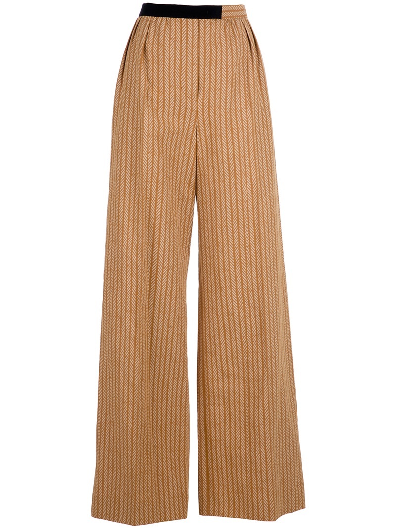 'Chevron Wide' Trouser - length: standard; waist detail: fitted waist; pocket detail: small back pockets, pockets at the sides; waist: high rise; predominant colour: camel; occasions: casual; fibres: cotton - mix; material texture: silky; trends: prints; texture group: silky - light; fit: wide leg; style: standard