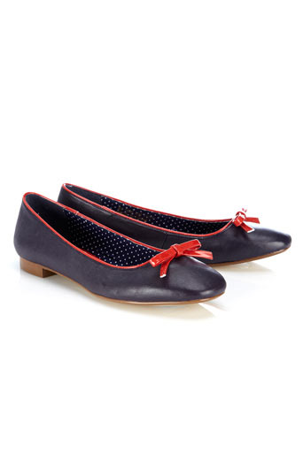 Navy Bow Ballerina Pump - predominant colour: navy; material: faux leather; heel height: flat; embellishment: ribbon; toe: round toe; style: ballerinas / pumps