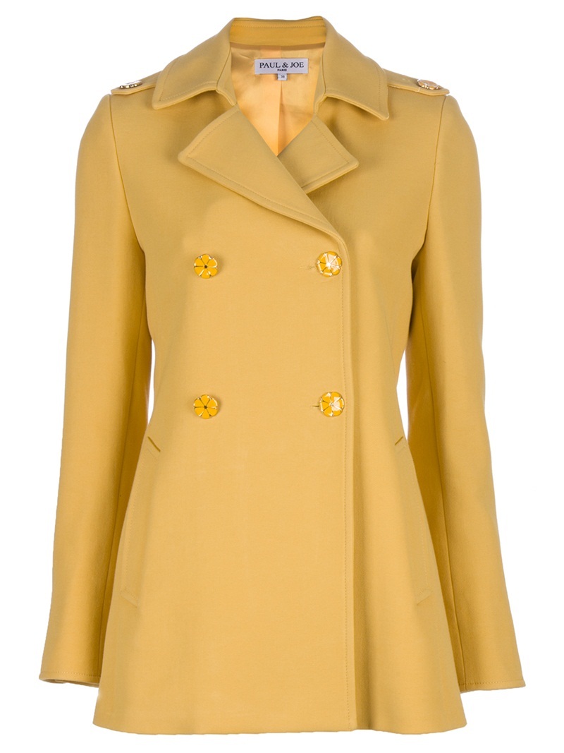 'Dogan' Coat - pattern: plain; length: below the bottom; shoulder detail: obvious epaulette; bust detail: added detail/embellishment at bust; style: double breasted; hip detail: front pockets at hip; collar: standard lapel/rever collar; predominant colour: mustard; occasions: casual, work; fit: tailored/fitted; fibres: cotton - stretch; material texture: jersey; waist detail: fitted waist; back detail: back vent/flap at back; trends: pastels, brights; sleeve length: long sleeve; sleeve style: standard; pattern type: fabric; pattern size: standard; texture group: jersey - stretchy/drapey