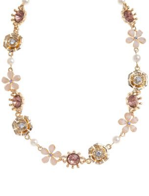 Flower Necklace - predominant colour: gold; style: standard; length: mid; size: standard; material: beaded; embellishment: beading