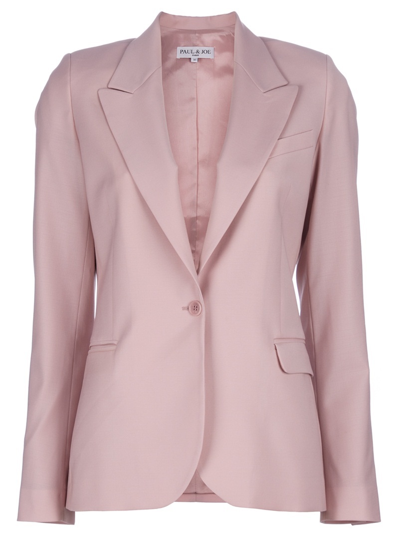 'Halyre' Jacket - pattern: plain; style: single breasted blazer; shoulder detail: shoulder pads; hip detail: side pockets at hip, front pockets at hip; length: below the bottom; collar: standard lapel/rever collar; predominant colour: blush; occasions: casual, work; fit: tailored/fitted; fibres: wool - mix; material texture: jersey; waist detail: fitted waist; trends: pastels; sleeve length: long sleeve; sleeve style: standard; collar break: medium; pattern type: fabric; pattern size: standard; texture group: jersey - stretchy/drapey