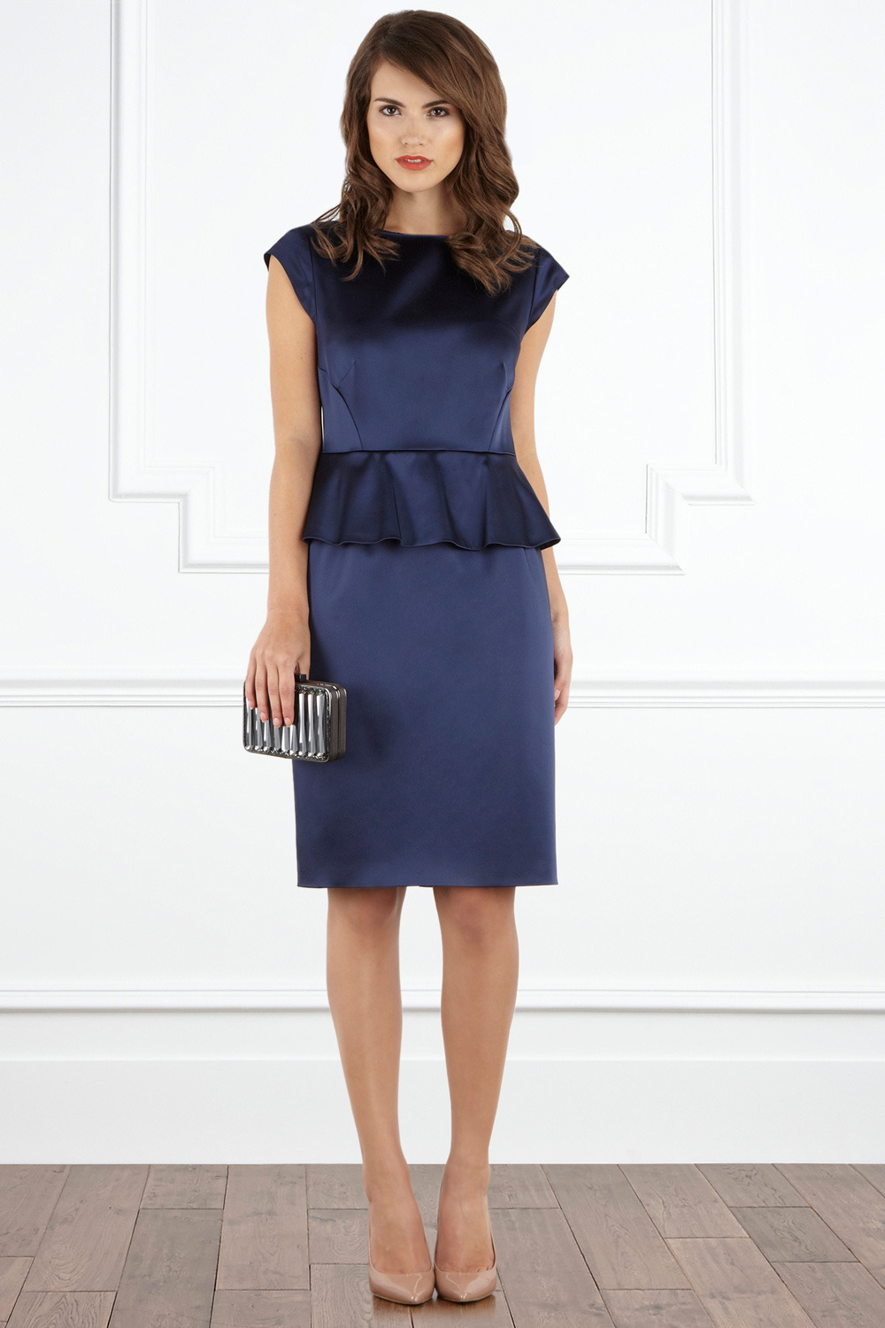 Romola Duchess Satin - style: shift; neckline: slash/boat neckline; pattern: plain; sleeve style: sleeveless; waist detail: fitted waist, twist front waist detail/nipped in at waist on one side/soft pleats/draping/ruching/gathering waist detail; hip detail: fitted at hip, ruching/gathering at hip; predominant colour: royal blue; occasions: evening, occasion; length: just above the knee; fit: body skimming; fibres: viscose/rayon - stretch; material texture: satin; sleeve length: sleeveless; texture group: structured shiny - satin/tafetta/silk etc.; pattern type: fabric; pattern size: standard