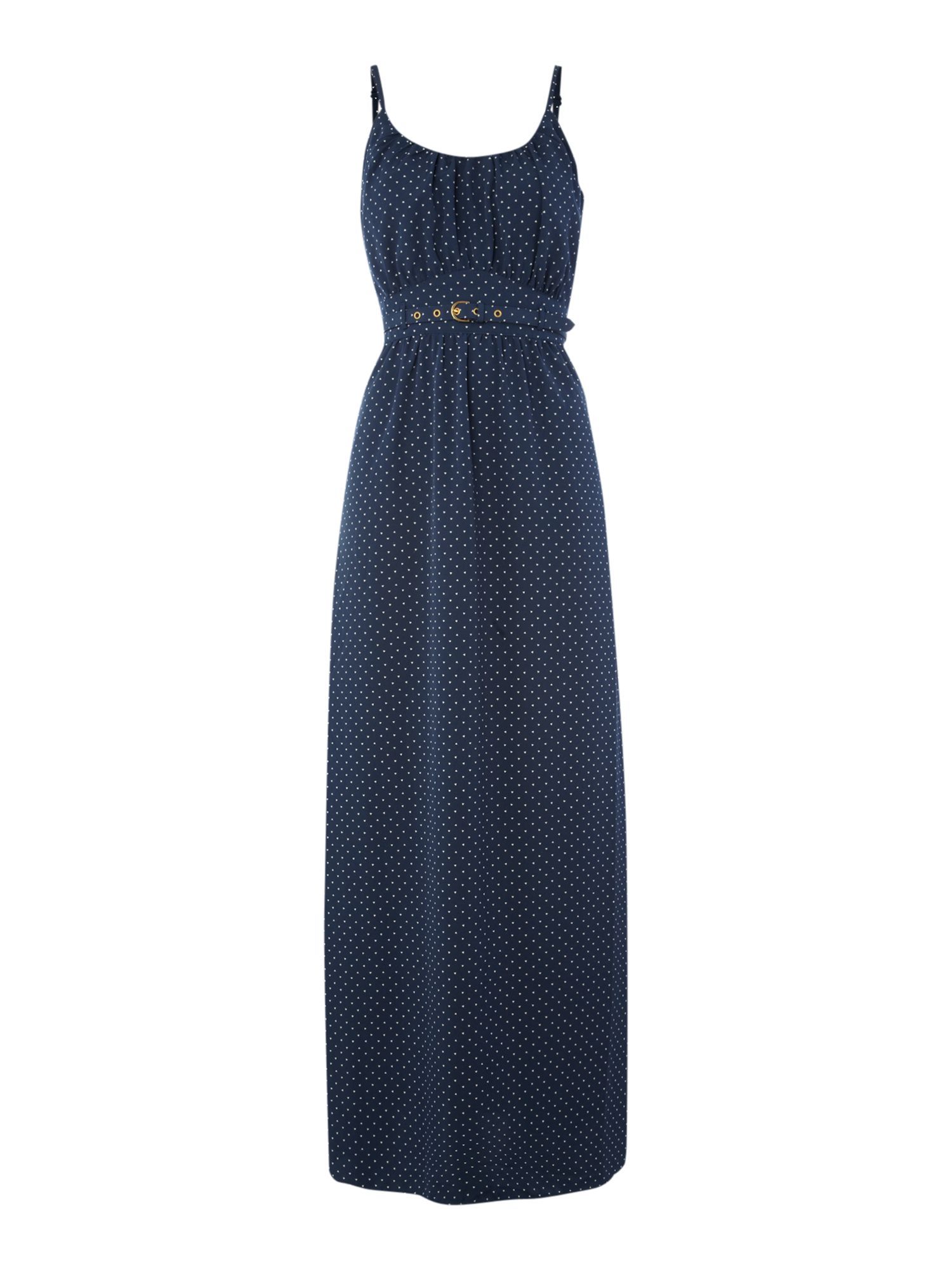 Women's Stevie Triangle Maxi Dress, Navy - neckline: round neck; sleeve style: spaghetti straps; fit: fitted at waist; pattern: lightly patterned, patterned/print; style: maxi dress; waist detail: fitted waist; predominant colour: navy; occasions: casual, occasion; length: floor length; fibres: polyester/polyamide - 100%; material texture: chiffon; trends: prints; sleeve length: sleeveless; texture group: sheer fabrics/chiffon/organza etc.; pattern type: fabric; pattern size: small & light