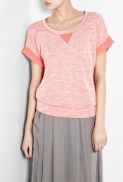 Haxy Melange Active Top - pattern: lightly patterned, two-tone, patterned/print; style: sweat top; hip detail: fitted at hip, fitted hem at hip; predominant colour: coral; occasions: casual; length: standard; neckline: scoop; fibres: polyester/polyamide - mix; material texture: jersey; fit: loose; waist detail: narrow waistband; trends: pastels, sports luxe, brights; sleeve length: short sleeve; sleeve style: standard; pattern type: fabric; pattern size: small & light; texture group: jersey - stretchy/drapey