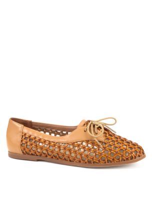 Brown Woven Flat Shoes - predominant colour: camel; material: faux leather; heel height: flat; toe: round toe; style: brogues