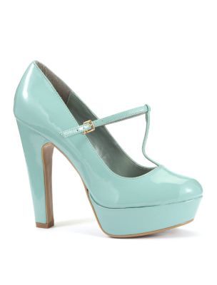 Pale Blue Patent T Bar Platform Court Shoes - predominant colour: pale blue; material: patent; heel height: high; embellishment: buckles; ankle detail: ankle strap; heel: platform; toe: round toe; style: t-bar; finish: patent