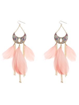 Pastel Crescent Feather Earrings - predominant colour: blush; style: drop; length: long; size: large/oversized; material: feather; fastening: pierced; embellishment: feathers