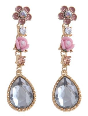 Flower And Stone Drop Earrings - predominant colour: multicoloured; style: drop; length: long; size: large/oversized; material: chain/metal; fastening: pierced