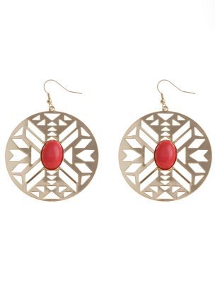 Coral Stone Cut Out Disc Earrings - predominant colour: coral; style: drop; length: mid; size: standard; material: chain/metal; fastening: pierced