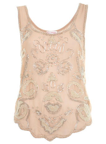 Embelished Vest Top - pattern: plain; sleeve style: sleeveless; bust detail: added detail/embellishment at bust; style: vest top; predominant colour: nude; occasions: casual, evening, occasion; length: standard; neckline: scoop; fibres: polyester/polyamide - 100%; material texture: chiffon; fit: body skimming; trends: pastels, aquatic; sleeve length: sleeveless; texture group: sheer fabrics/chiffon/organza etc.; pattern type: fabric; embellishment: beading