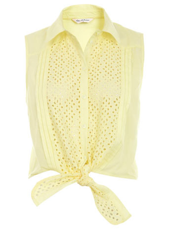 Lemon Broderie Shirt - neckline: shirt collar/peter pan/zip with opening; pattern: plain; sleeve style: sleeveless; style: shirt; waist detail: belted waist/tie at waist/drawstring; bust detail: ruching/gathering/draping/layers/pintuck pleats at bust, buttons at bust (in middle at breastbone)/zip detail at bust; predominant colour: primrose yellow; occasions: casual; length: standard; fibres: cotton - 100%; material texture: chiffon; fit: body skimming; trends: pastels; sleeve length: sleeveless; texture group: sheer fabrics/chiffon/organza etc.; pattern type: fabric; pattern size: small & light; embellishment: embroidered