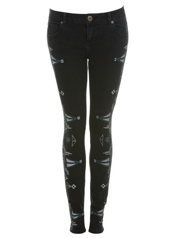 Black Jean With Aztec Detail - style: skinny leg; length: standard; pattern: lightly patterned, print, abstract, patterned/print; waist: low rise; pocket detail: pockets at the sides, traditional 5 pocket; predominant colour: black; occasions: casual, evening; fibres: cotton - stretch; material texture: denim; jeans detail: dark wash; trends: prints; texture group: denim; pattern type: fabric; pattern size: small & light