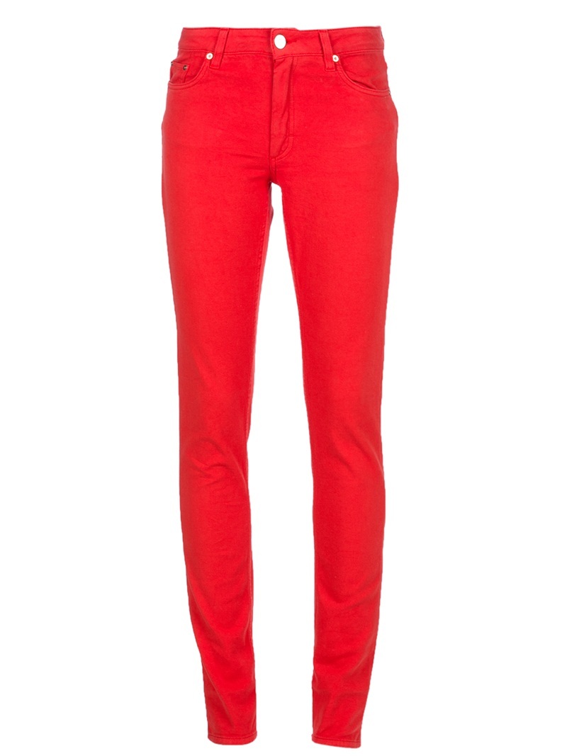 'Flex' Jean - style: skinny leg; length: standard; pattern: plain; waist: high rise; pocket detail: traditional 5 pocket; predominant colour: true red; occasions: casual, evening; fibres: cotton - stretch; material texture: denim; trends: brights; texture group: denim; pattern type: fabric; pattern size: standard