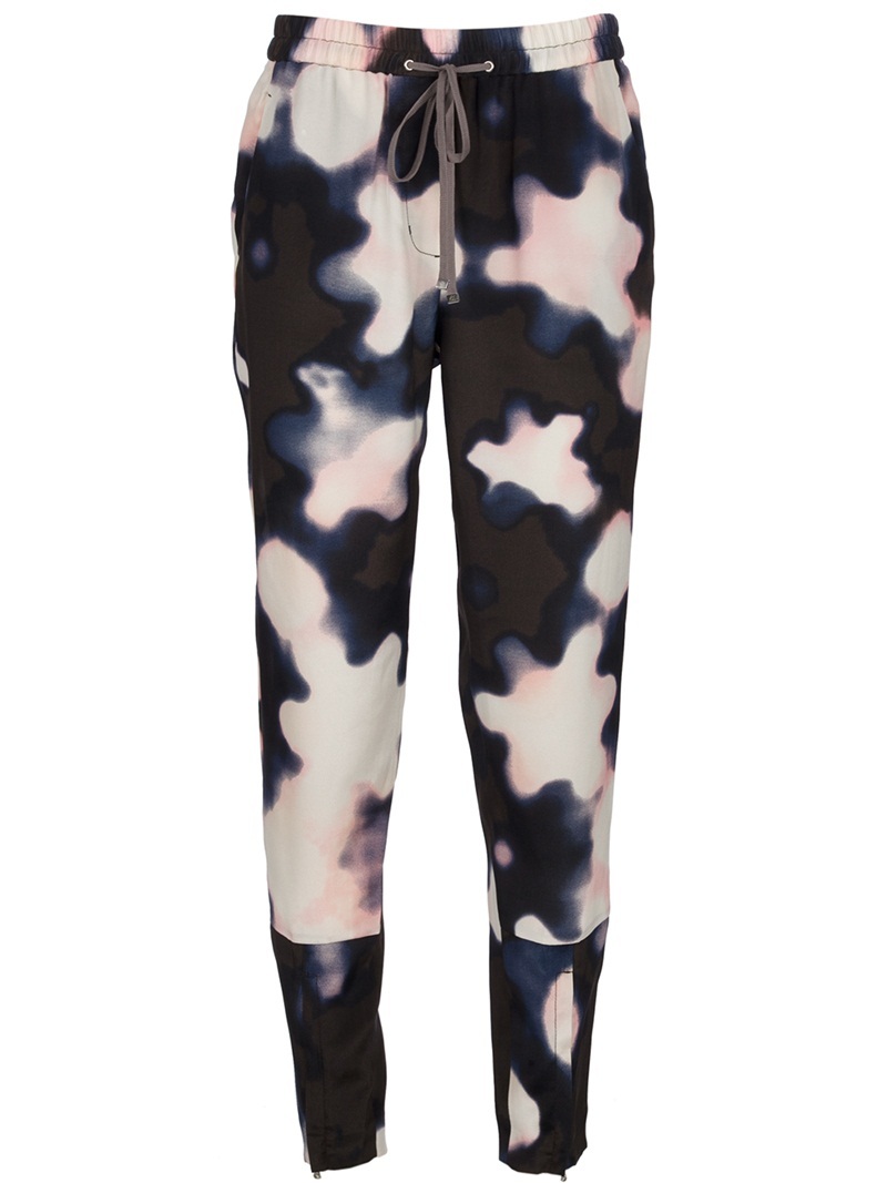 Blotch Trouser - length: standard; waist detail: elasticated waist, belted waist/tie at waist/drawstring; pocket detail: small back pockets, pockets at the sides; waist: mid/regular rise; predominant colour: black; occasions: casual; fibres: silk - 100%; hip detail: fitted at hip (bottoms); material texture: silky; trends: prints, sports luxe; texture group: silky - light; fit: slim leg; style: standard