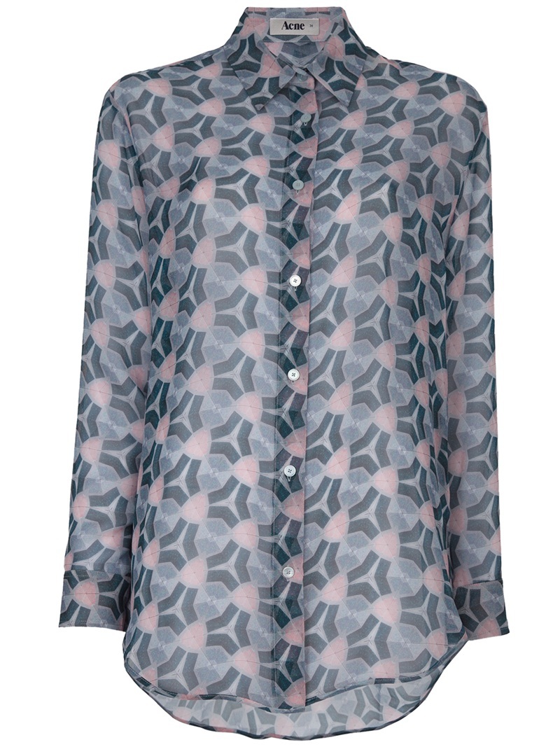 'Frequency Print Patti' Shirt - neckline: shirt collar/peter pan/zip with opening; pattern: print, abstract, graphic print, patterned/print; length: below the bottom; style: shirt; bust detail: buttons at bust (in middle at breastbone)/zip detail at bust; occasions: casual, work; fibres: silk - 100%; material texture: chiffon; fit: loose; hip detail: dip hem; predominant colour: multicoloured; trends: prints; sleeve length: long sleeve; sleeve style: standard; texture group: sheer fabrics/chiffon/organza etc.; pattern type: fabric; pattern size: standard