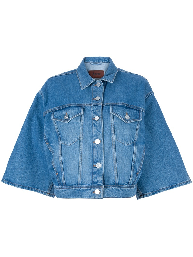 Kimono Sleeve Jacket - pattern: plain; style: denim; collar: high neck; predominant colour: denim; occasions: casual; length: standard; fit: straight cut (boxy); fibres: cotton - 100%; material texture: denim; sleeve length: 3/4 length; sleeve style: standard; texture group: denim; collar break: high; pattern type: fabric; pattern size: standard