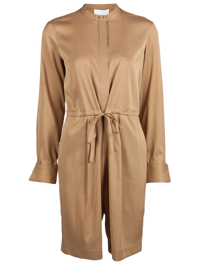 Knee Length Romper - hip detail: front pockets at hip; waist detail: belted waist/tie at waist/drawstring; length: mid thigh shorts; predominant colour: bronze; occasions: casual, work, occasion; fit: body skimming; fibres: silk - mix; texture group: structured shiny - satin/tafetta/silk etc.
