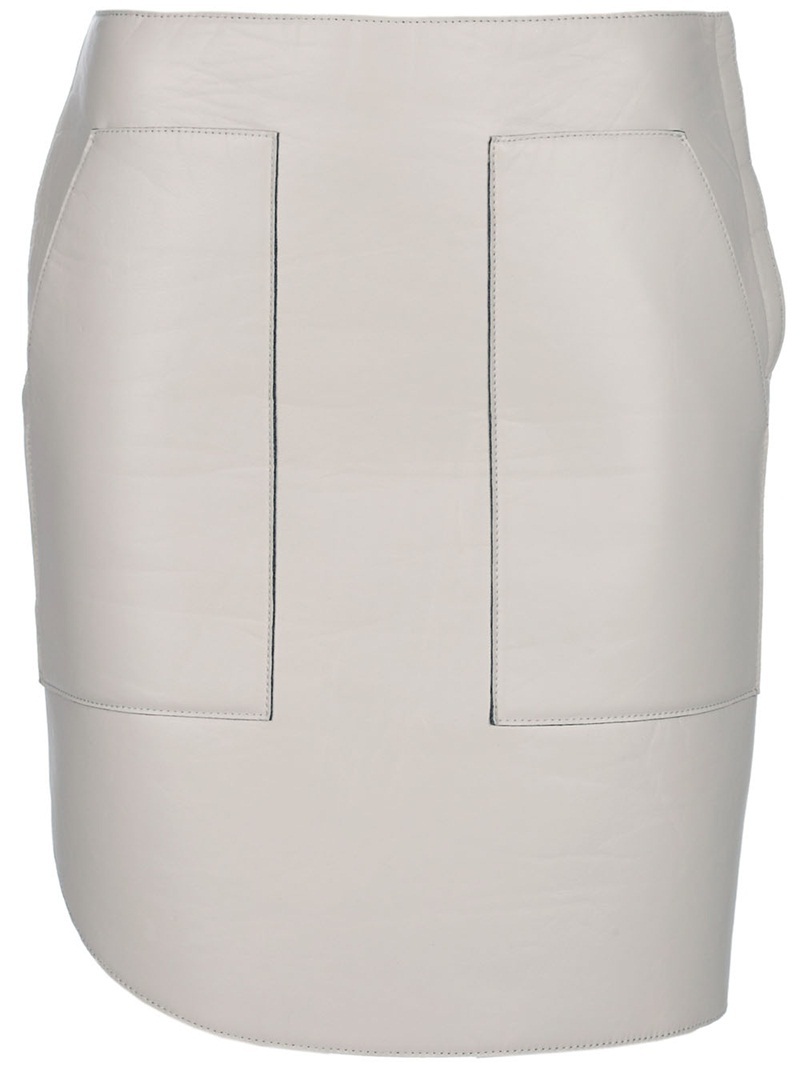 Twist Skirt - length: mini; pattern: plain; fit: body skimming; hip detail: side pockets at hip, fitted at hip; waist: mid/regular rise; predominant colour: light grey; occasions: casual, evening, work; style: mini skirt; fibres: leather - 100%; material texture: jersey; trends: pastels; pattern type: fabric; pattern size: standard; texture group: jersey - stretchy/drapey
