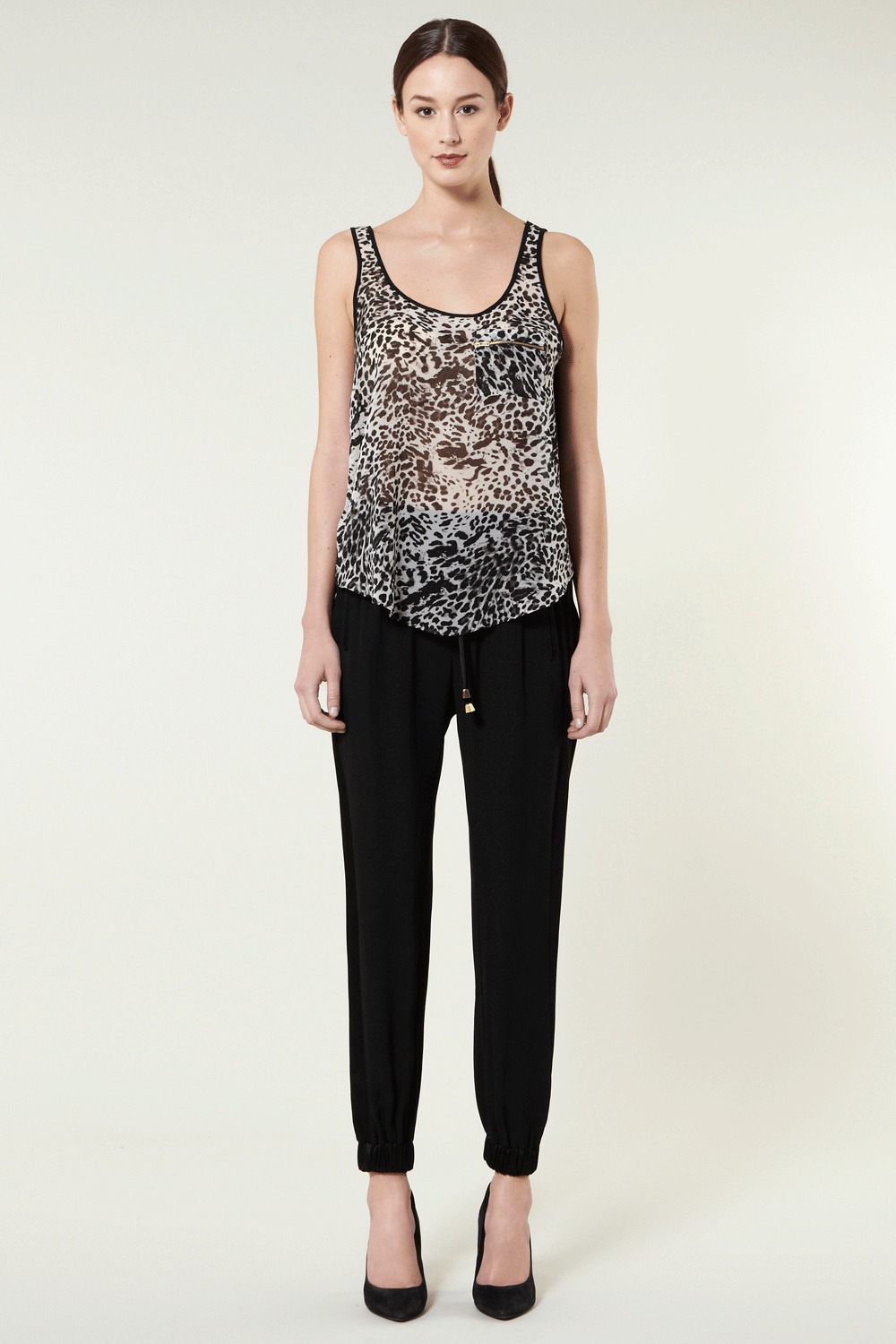 Animal Print Zip Pocket Vest. - sleeve style: sleeveless; bust detail: added detail/embellishment at bust; style: vest top; pattern: big animal print, abstract, animal print, patterned/print; back detail: contrast pattern/fabric at back; predominant colour: black; occasions: casual, evening, work; length: standard; neckline: scoop; fibres: polyester/polyamide - 100%; material texture: chiffon; fit: body skimming; trends: prints; sleeve length: sleeveless; texture group: sheer fabrics/chiffon/organza etc.; pattern type: fabric; pattern size: big & busy