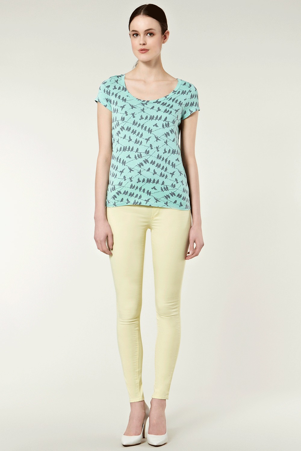 Bird Print Hi Low Hem Tee. - sleeve style: capped; pattern: heavily patterned, print, small animal print, animal print, patterned/print; style: t-shirt; hip detail: fitted at hip, fitted hem at hip; predominant colour: pistachio; occasions: casual; length: standard; neckline: scoop; fibres: polyester/polyamide - 100%; material texture: jersey; fit: body skimming; back detail: longer hem at back than at front; trends: prints; sleeve length: short sleeve; pattern type: fabric; pattern size: small & busy; texture group: jersey - stretchy/drapey
