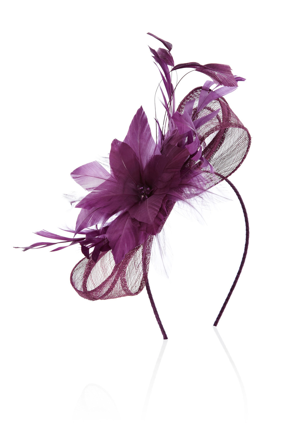 Susie Fascinator - predominant colour: purple; type of pattern: small; style: fascinator; size: standard; material: fabric; embellishment: feather