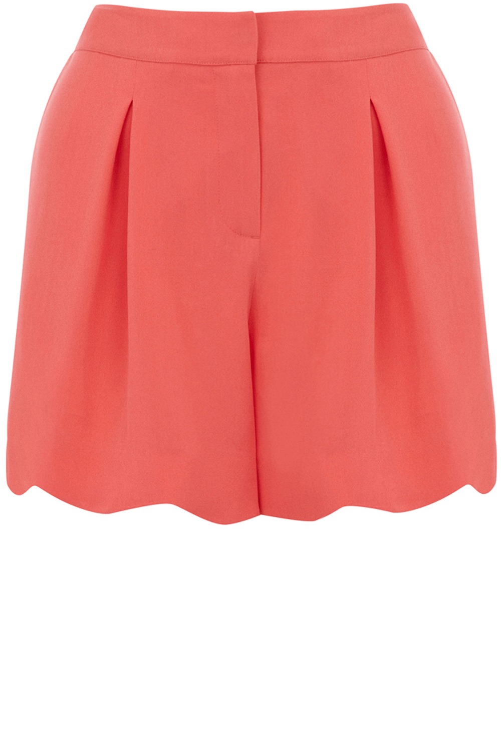 Scallop Shorts - style: shorts; waist detail: fitted waist, narrow waistband; pocket detail: small back pockets, pockets at the sides; waist: high rise; length: short shorts; predominant colour: coral; occasions: casual, evening; fibres: polyester/polyamide - 100%; material texture: denim; hip detail: front pleats at hip level; texture group: denim; fit: slim leg