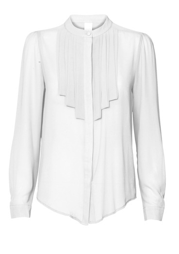 White Pleat Blouse - neckline: round neck; pattern: plain; style: blouse; bust detail: ruching/gathering/draping/layers/pintuck pleats at bust; predominant colour: white; occasions: casual; length: standard; fibres: polyester/polyamide - 100%; material texture: chiffon; fit: body skimming; sleeve length: long sleeve; sleeve style: standard; texture group: sheer fabrics/chiffon/organza etc.; pattern type: fabric; pattern size: standard