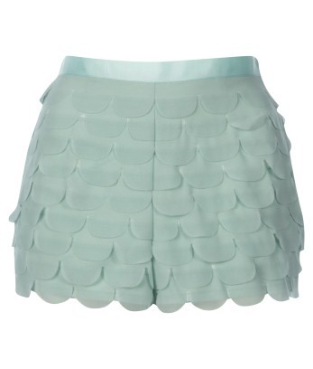 Scallop Short - style: shorts; waist detail: fitted waist, narrow waistband; length: short shorts; waist: mid/regular rise; predominant colour: pistachio; occasions: casual, evening, occasion; fibres: polyester/polyamide - 100%; material texture: chiffon; trends: pastels; texture group: sheer fabrics/chiffon/organza etc.; fit: skinny/tight leg