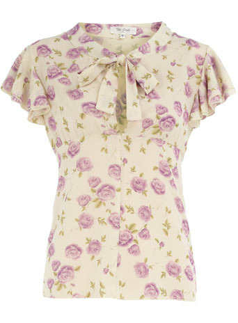 Cream Candy Blossom Blouse - sleeve style: angel/waterfall; pattern: floral - busy, florals; bust detail: added detail/embellishment at bust; neckline: pussy bow; style: blouse; predominant colour: ivory; occasions: casual, work; length: standard; fibres: polyester/polyamide - stretch; material texture: chiffon; fit: tailored/fitted; shoulder detail: flat/draping pleats/ruching/gathering at shoulder; trends: prints; sleeve length: short sleeve; texture group: sheer fabrics/chiffon/organza etc.; pattern type: fabric; pattern size: small & busy
