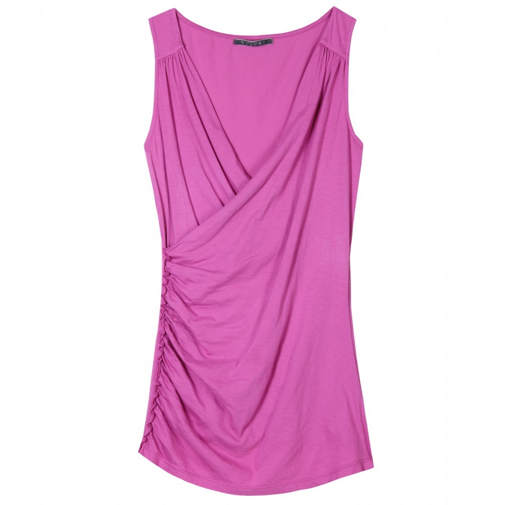 Tacy Tank - neckline: v-neck; pattern: plain; sleeve style: sleeveless; style: wrap/faux wrap; waist detail: twist front waist detail/nipped in at waist on one side/soft pleats/draping/ruching/gathering waist detail; bust detail: ruching/gathering/draping/layers/pintuck pleats at bust; predominant colour: purple; occasions: casual; length: standard; fibres: cotton - stretch; material texture: jersey; fit: body skimming; hip detail: soft pleats at hip/draping at hip/flared at hip; trends: pastels; sleeve length: sleeveless; pattern type: fabric; pattern size: standard; texture group: jersey - stretchy/drapey