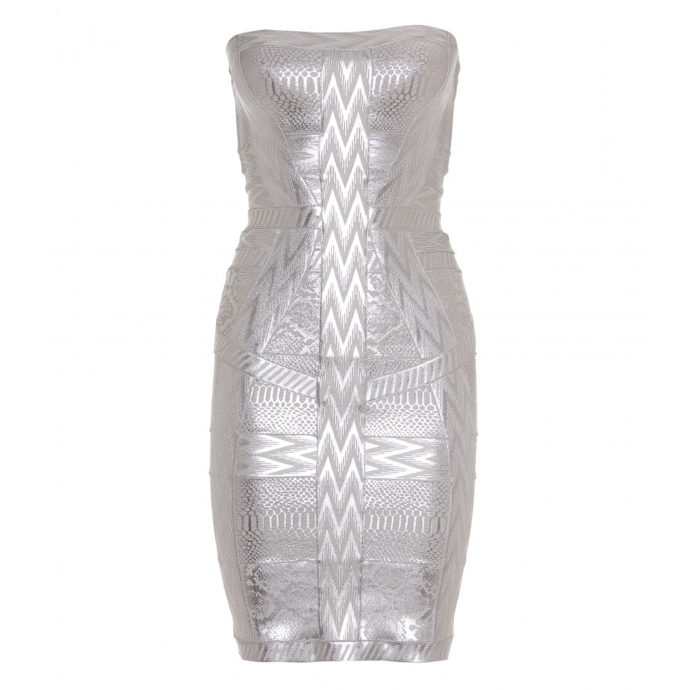 Marine Coated Strapless Bandage Dress - neckline: strapless (straight/sweetheart); fit: tight; pattern: lightly patterned, abstract, patterned/print; sleeve style: strapless; style: bodycon; waist detail: fitted waist; back detail: low cut/open back; hip detail: fitted at hip; predominant colour: silver; occasions: evening; length: just above the knee; fibres: polyester/polyamide - stretch; material texture: metallic; trends: prints, aquatic; sleeve length: sleeveless; pattern type: fabric; pattern size: small & light