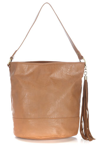Tan Bucket Tassle Bag - predominant colour: tan; style: shoulder; length: shoulder (tucks under arm); size: standard; material: faux leather; pattern: plain