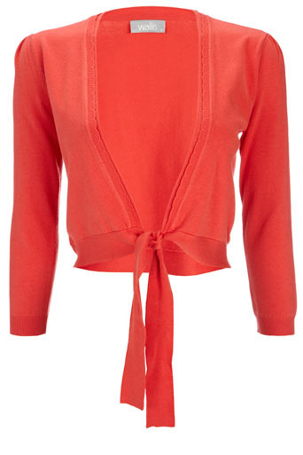 Orange Tie Front Shrug - pattern: plain; neckline: shawl; style: bolero/shrug; length: cropped; predominant colour: terracotta; occasions: casual, work; fibres: polyester/polyamide - stretch; material texture: chiffon; fit: slim fit; waist detail: fitted waist, belted waist/tie at waist/drawstring; trends: brights; sleeve length: long sleeve; sleeve style: standard; texture group: sheer fabrics/chiffon/organza etc.; pattern type: knitted - other; pattern size: standard