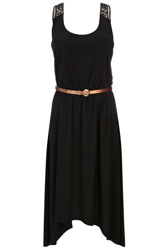 Black Belted Hi Low Dress - pattern: plain; sleeve style: sleeveless; waist detail: fitted waist, belted waist/tie at waist/drawstring; shoulder detail: contrast pattern/fabric at shoulder; back detail: contrast pattern/fabric at back, longer hem at back than at front; predominant colour: black; occasions: casual; length: just above the knee; fit: body skimming; style: asymmetric (hem); neckline: scoop; fibres: polyester/polyamide - stretch; material texture: jersey; hip detail: soft pleats at hip/draping at hip/flared at hip; sleeve length: sleeveless; pattern type: fabric; pattern size: standard; texture group: jersey - stretchy/drapey
