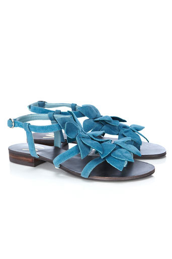 Blue Flower Sandal - predominant colour: denim; material: fabric; heel height: flat; ankle detail: ankle strap; heel: block; toe: open toe/peeptoe; style: slingbacks