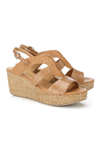 Tan Weave Wedge Sandal - predominant colour: camel; material: faux leather; heel height: mid; heel: wedge; toe: open toe/peeptoe; style: slingbacks