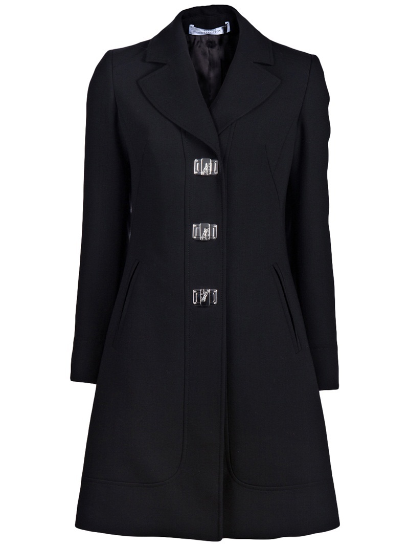 Medusa Clasp Coat - pattern: plain; length: below the bottom; shoulder detail: shoulder pads; hip detail: side pockets at hip; collar: wide lapels; style: single breasted; fit: slim fit; predominant colour: black; occasions: casual, evening, work; fibres: wool - 100%; material texture: felt; waist detail: fitted waist; sleeve length: long sleeve; sleeve style: standard; pattern type: fabric; pattern size: standard; texture group: woven bulky/heavy