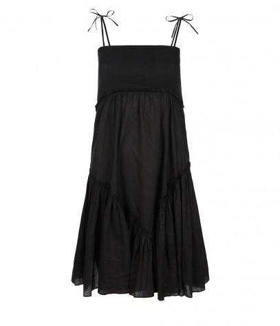 Ebony Dress - length: mini; neckline: strapless (straight/sweetheart); sleeve style: spaghetti straps; pattern: plain; style: sundress; waist detail: fitted waist; predominant colour: black; occasions: casual; fit: body skimming; fibres: cotton - 100%; material texture: lace; hip detail: ruching/gathering at hip, soft pleats at hip/draping at hip/flared at hip; sleeve length: sleeveless; texture group: lace; pattern type: fabric; pattern size: standard