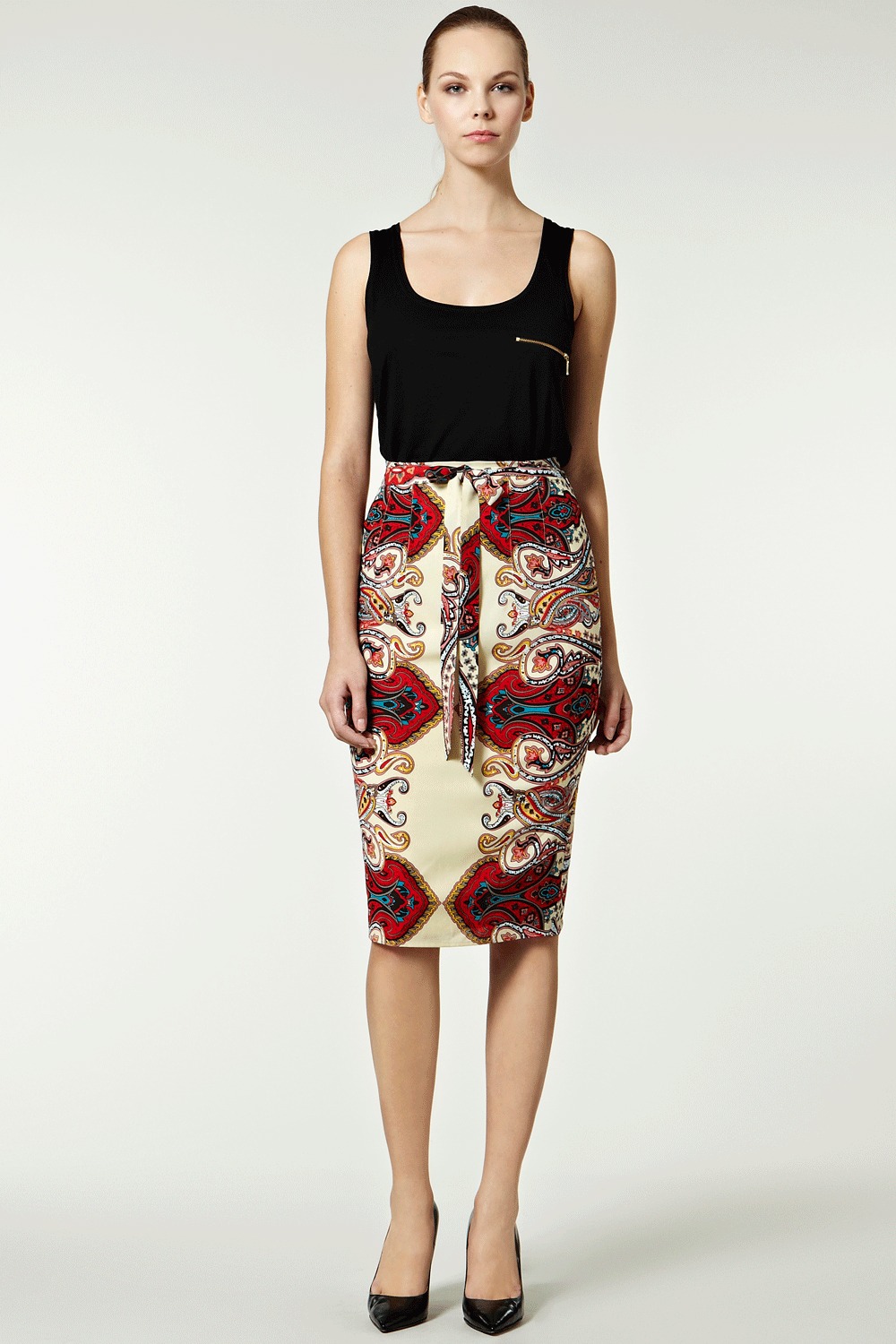 Tejal Scarf Print Pencil Skirt. - length: below the knee; style: pencil; fit: tailored/fitted; waist detail: fitted waist, belted waist/tie at waist/drawstring; waist: high rise; hip detail: fitted at hip; pattern: abstract, patterned/print; occasions: evening, work; fibres: polyester/polyamide - 100%; predominant colour: multicoloured; trends: 1950's, prints; pattern type: fabric; pattern size: standard