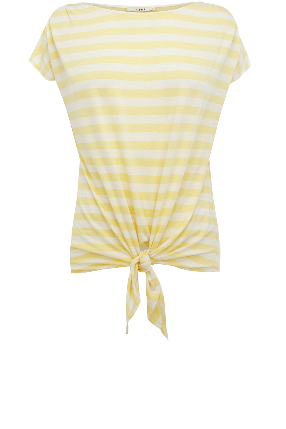 Tie Front T Shirt - neckline: slash/boat neckline; pattern: horizontal stripes, striped; style: t-shirt; waist detail: belted waist/tie at waist/drawstring; predominant colour: primrose yellow; occasions: casual; length: standard; fibres: polyester/polyamide - 100%; material texture: jersey; fit: body skimming; trends: pastels; sleeve length: short sleeve; sleeve style: standard; pattern type: fabric; pattern size: standard; texture group: jersey - stretchy/drapey