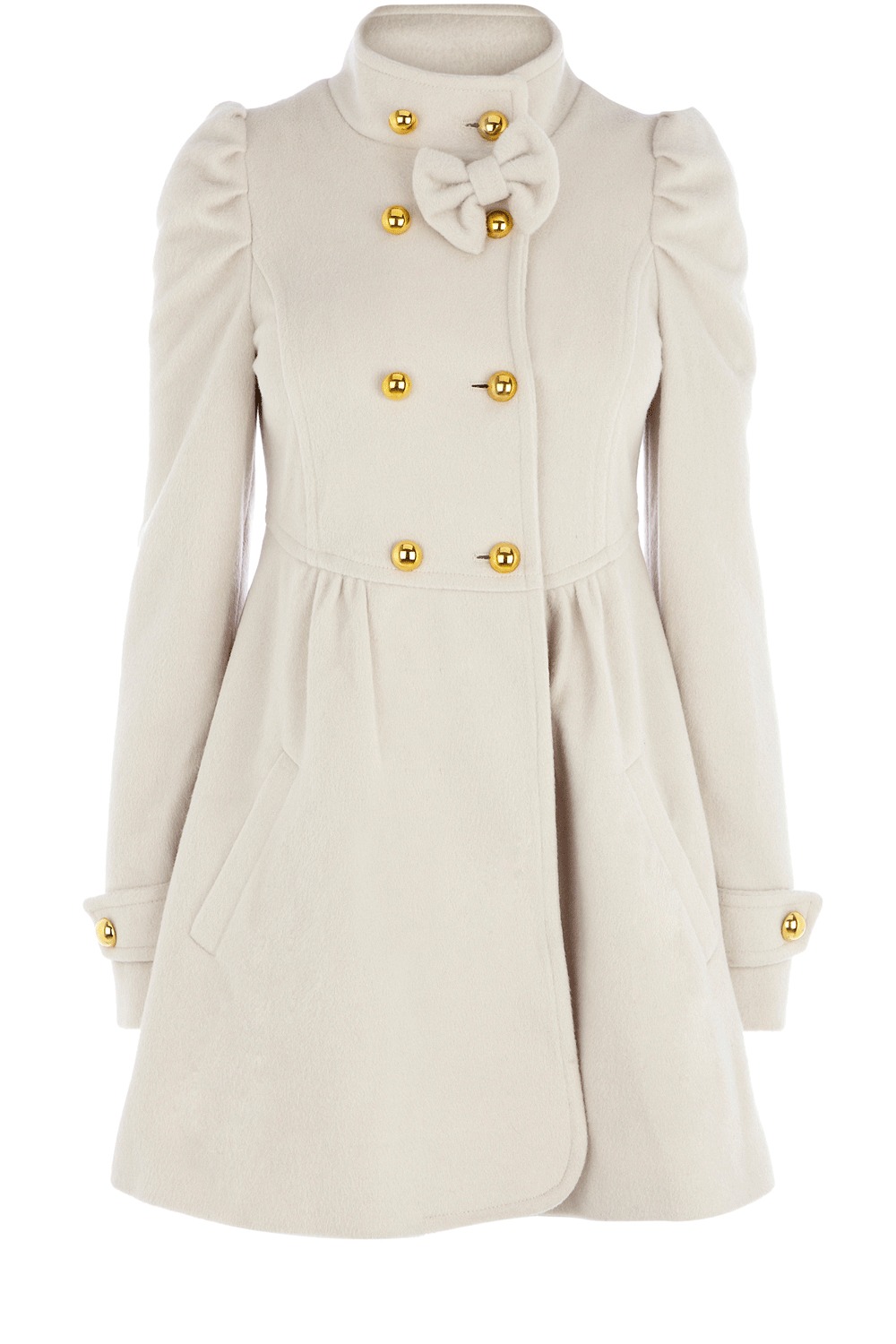 Gloria Coat - pattern: plain; bust detail: added detail/embellishment at bust; hip detail: side pockets at hip; collar: funnel; style: double breasted; fit: slim fit; length: mid thigh; predominant colour: ivory; occasions: casual, evening, work; fibres: cotton - 100%; material texture: chiffon; waist detail: fitted waist; sleeve length: long sleeve; sleeve style: standard; texture group: sheer fabrics/chiffon/organza etc.; collar break: high; pattern type: fabric; pattern size: standard