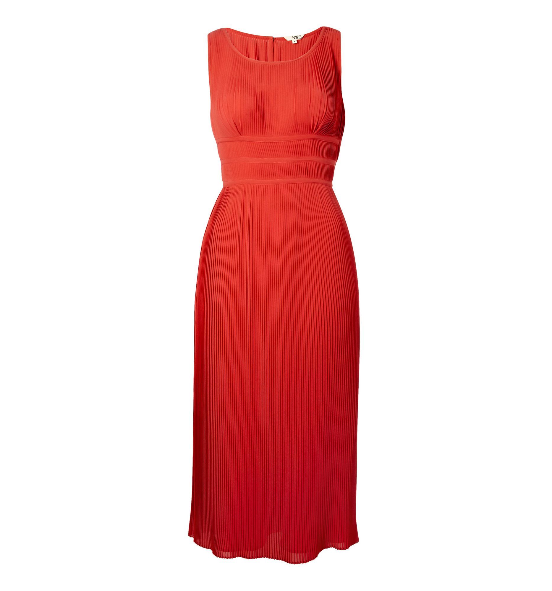 Women's Meadow Dress, Burnt Orange - style: shift; length: calf length; fit: fitted at waist; pattern: plain; sleeve style: sleeveless; waist detail: fitted waist, wide waistband/cummerbund; bust detail: ruching/gathering/draping/layers/pintuck pleats at bust; predominant colour: bright orange; occasions: casual, evening; neckline: scoop; fibres: polyester/polyamide - 100%; material texture: jersey; hip detail: soft pleats at hip/draping at hip/flared at hip; trends: brights; sleeve length: sleeveless; pattern type: fabric; pattern size: standard; texture group: jersey - stretchy/drapey