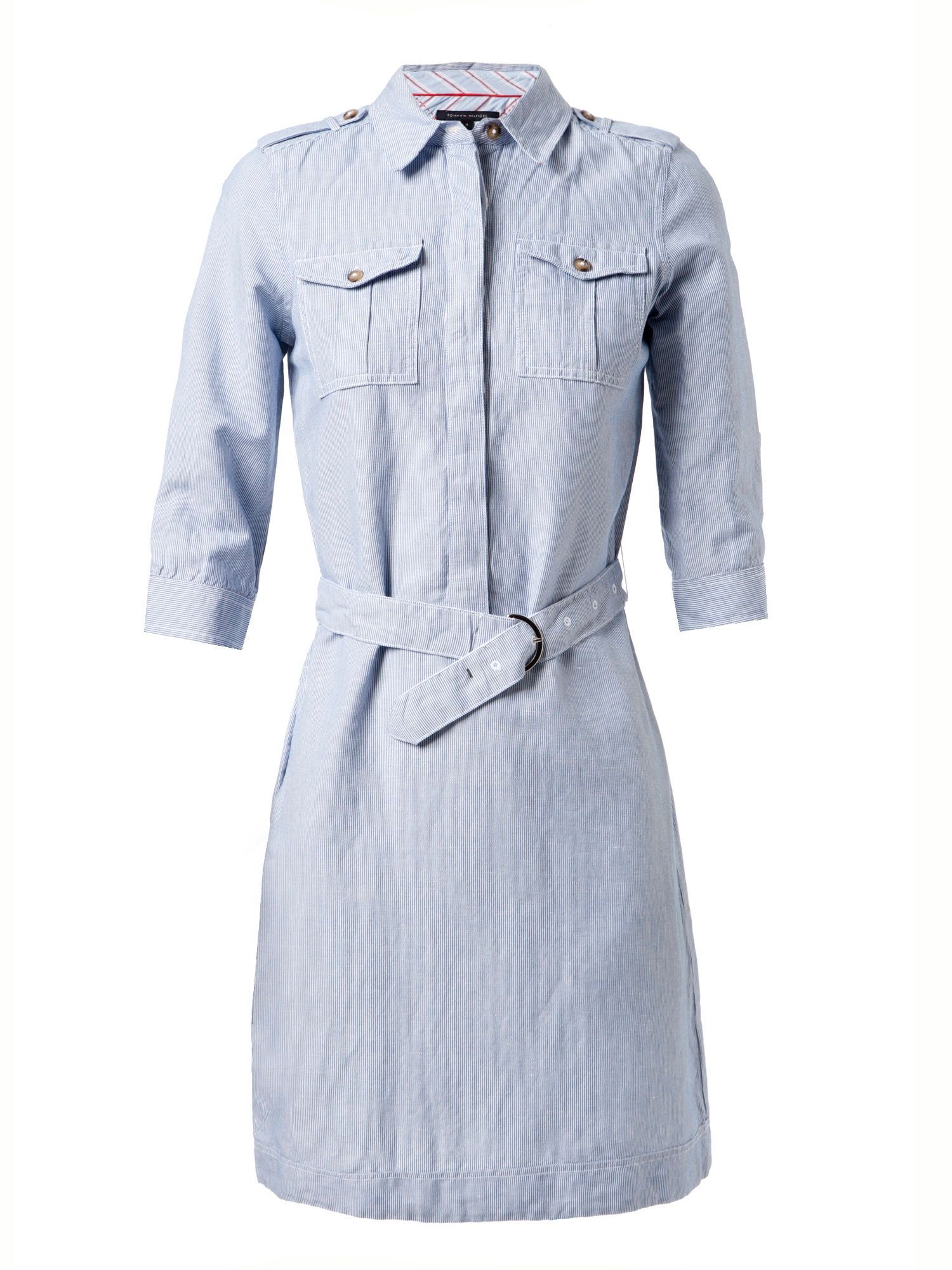 Women's Gulcan Stripe Safari 3/4 Sleeve Shirt Dress, Blue - style: shirt; neckline: shirt collar/peter pan/zip with opening; pattern: horizontal stripes, striped; shoulder detail: obvious epaulette; bust detail: added detail/embellishment at bust; waist detail: fitted waist, belted waist/tie at waist/drawstring; predominant colour: pale blue; occasions: casual, work; length: just above the knee; fit: body skimming; fibres: cotton - mix; material texture: jersey; trends: pastels; sleeve length: 3/4 length; sleeve style: standard; pattern type: fabric; pattern size: standard; texture group: jersey - stretchy/drapey
